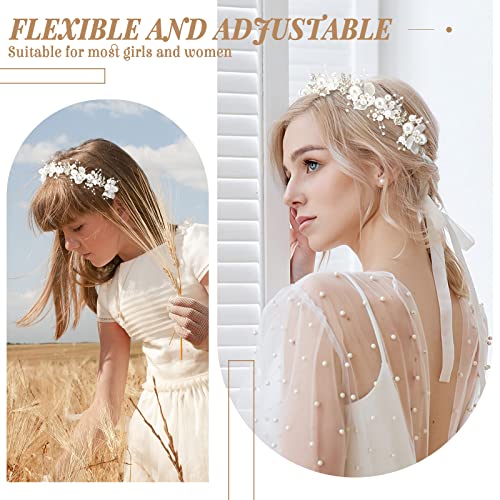 Yinder 3 Pcs Flower Headpiece Hair Accessories for Wedding Flower Headband Flower Crown Floral Tiara Rhinestone Pearl Headband for First Communion Prom(Silver)