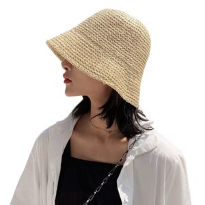 women's straw sun hat hand-woven packable beach bucket hat summer floppy uv protection hat(beige)