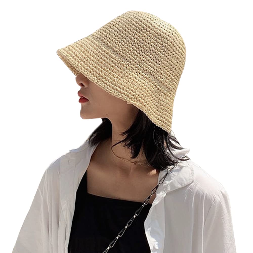 Women's Straw Sun Hat Hand-Woven Packable Beach Bucket Hat Summer Floppy UV Protection Hat(Beige)