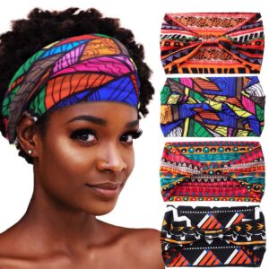 aceorna african headbands boho knotted hairbands stretch wide head wraps elastic yoga turban hair scarfs workout printed hair accessories for women pack of 4 (style a)