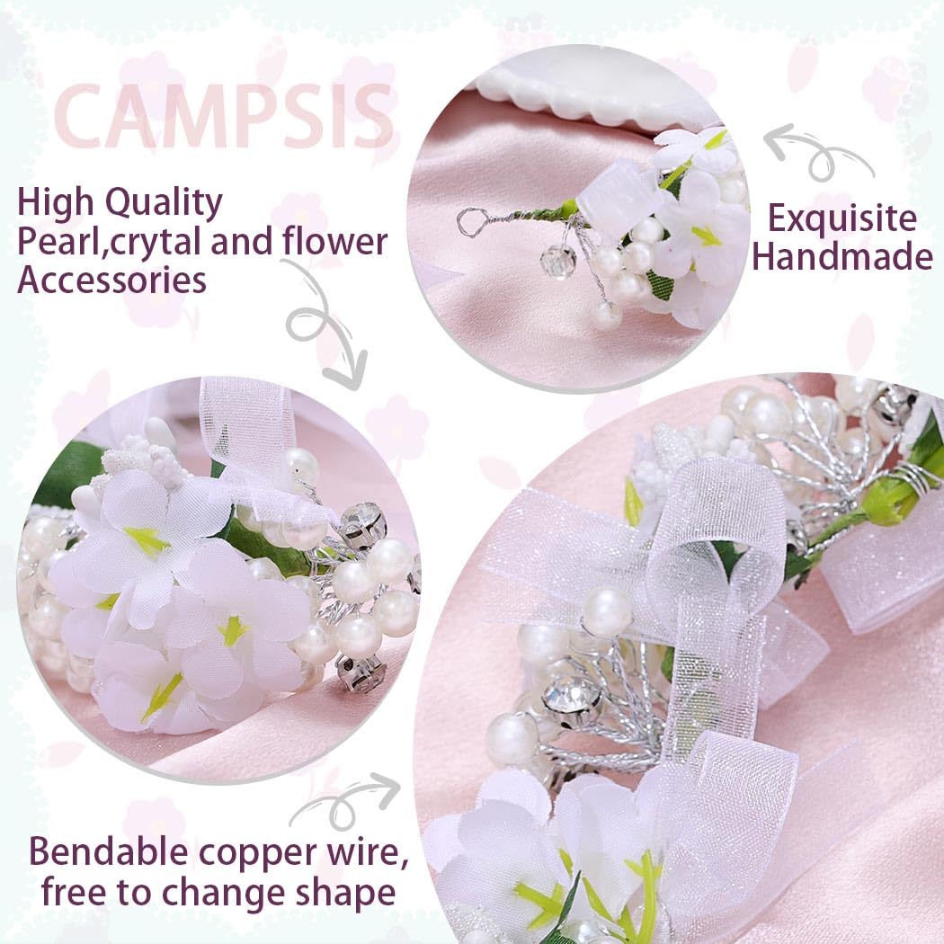 Campsis Girls Headpiece Flower Headbands Pearl Communion Hair Accessories Crystal Girls Birthday Photography Hair Band for Women and Girls(White)