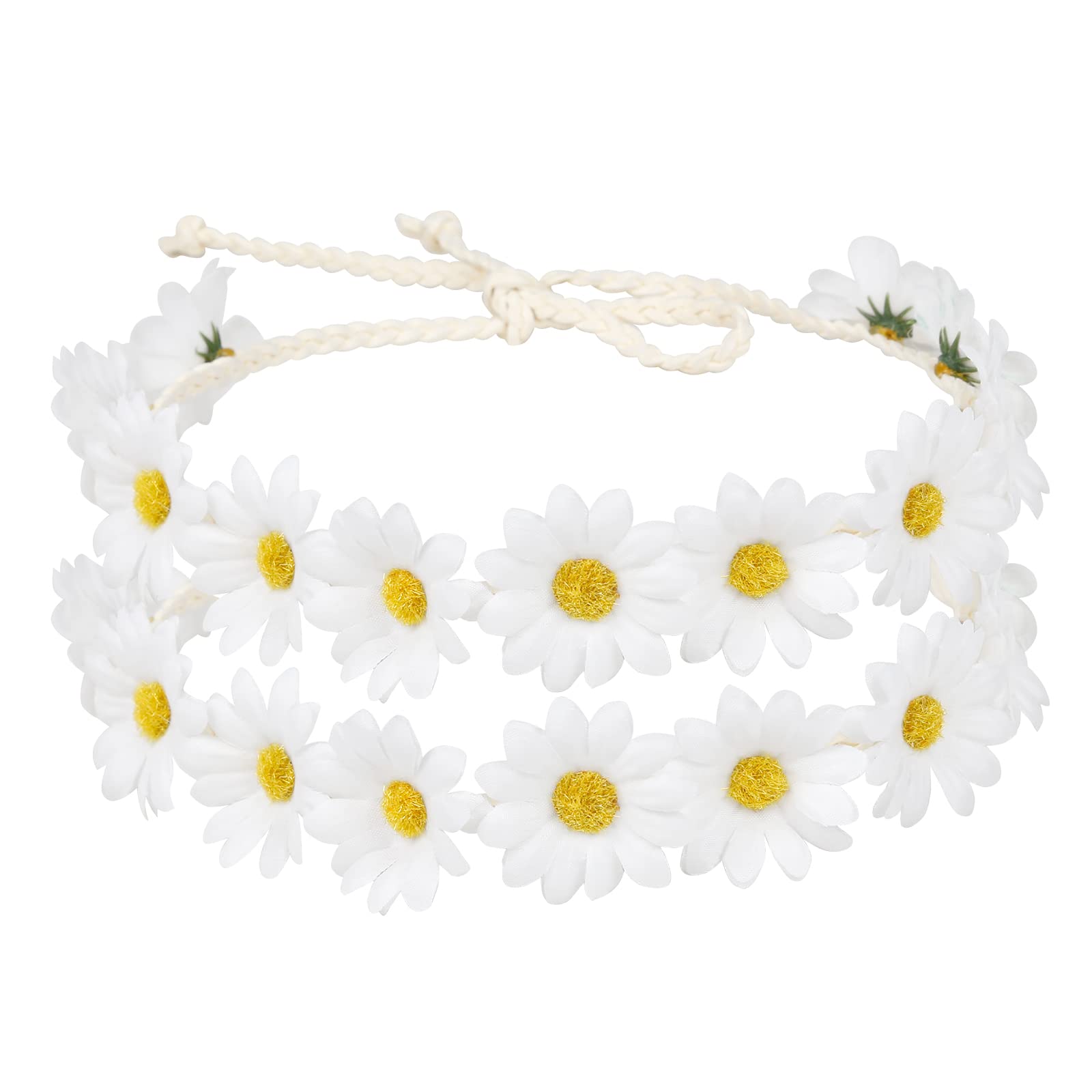 WOVOWOVO 2 Packs Daisy Flower Crown Headbands For Women Baby Girl, Sunflower Hippie Hair Accessories Fall Floral Crowns Hair Bands Handmade Bridal Headpiece Photo Props Party Vacation (White)