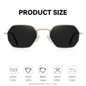 Fozono Small Octagonal Polarized Sunglasses for Women Men Classic Retro Trendy Metal Frame Polygon Sun Glasses (Gold/Grey)