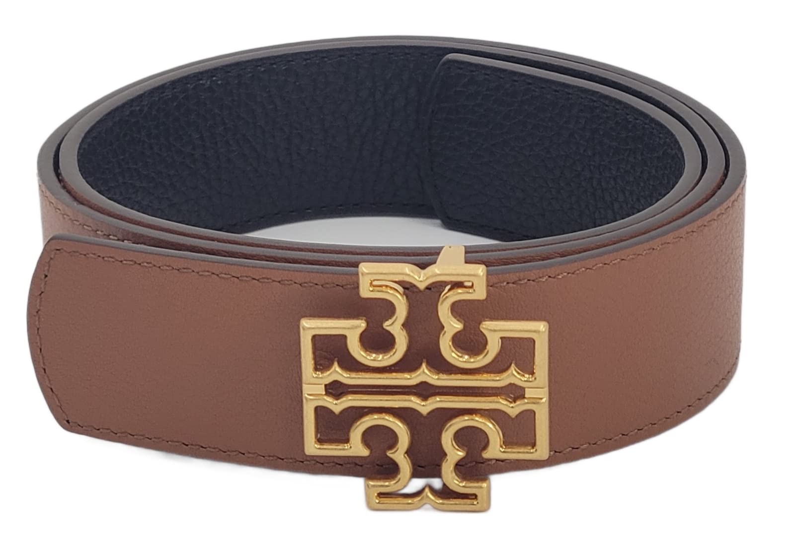 Tory Burch 141742 Britten Logo Black/Classic Tan With Gold Hardware 1.5 Inch Width Reversible Women's Belt (Large)