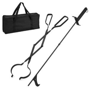 heavy duty fireplace fire pit campfire bonfire fire tong and 32 inch long fire poker set with traveling bag, firewood grabber tool for wood-burning for solo firepit indoor and outdoor use