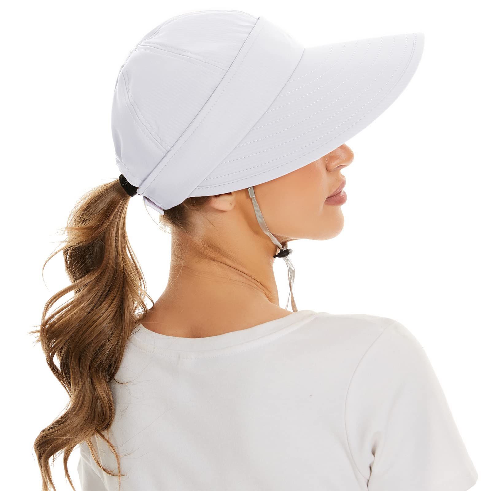 Sun Hat Womens Summer Beach Hats Wide Brim Packable Sun Visor with UV Protection Golf Hat with Ponytail Hole White Sunhat Cap