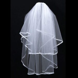 Unsutuo Wedding Veil Satin Trim 2 Tier Ivory Short Bridal Veil Fingertip Length with Ribbon Edge for Brides (Ivory)