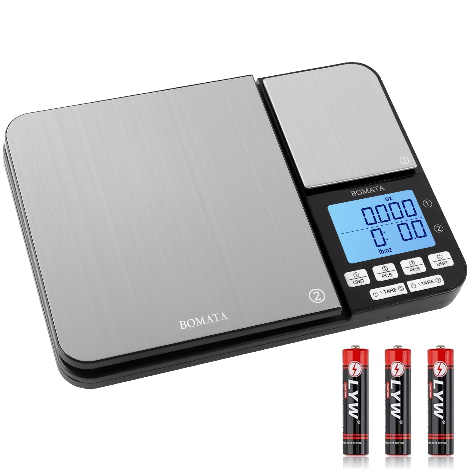 BOMATA Dual Platform Digital Kitchen Scale with Two Precision 0.1 g & 0.01 g/0.001 oz, Max Capacity 11 lb/5 kg, Food Scales Grams and Ounces with Stainless Steel, Backlit LCD