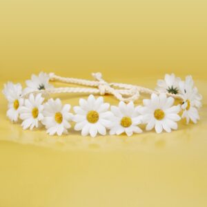 WOVOWOVO 2 Packs Daisy Flower Crown Headbands For Women Baby Girl, Sunflower Hippie Hair Accessories Fall Floral Crowns Hair Bands Handmade Bridal Headpiece Photo Props Party Vacation (White)