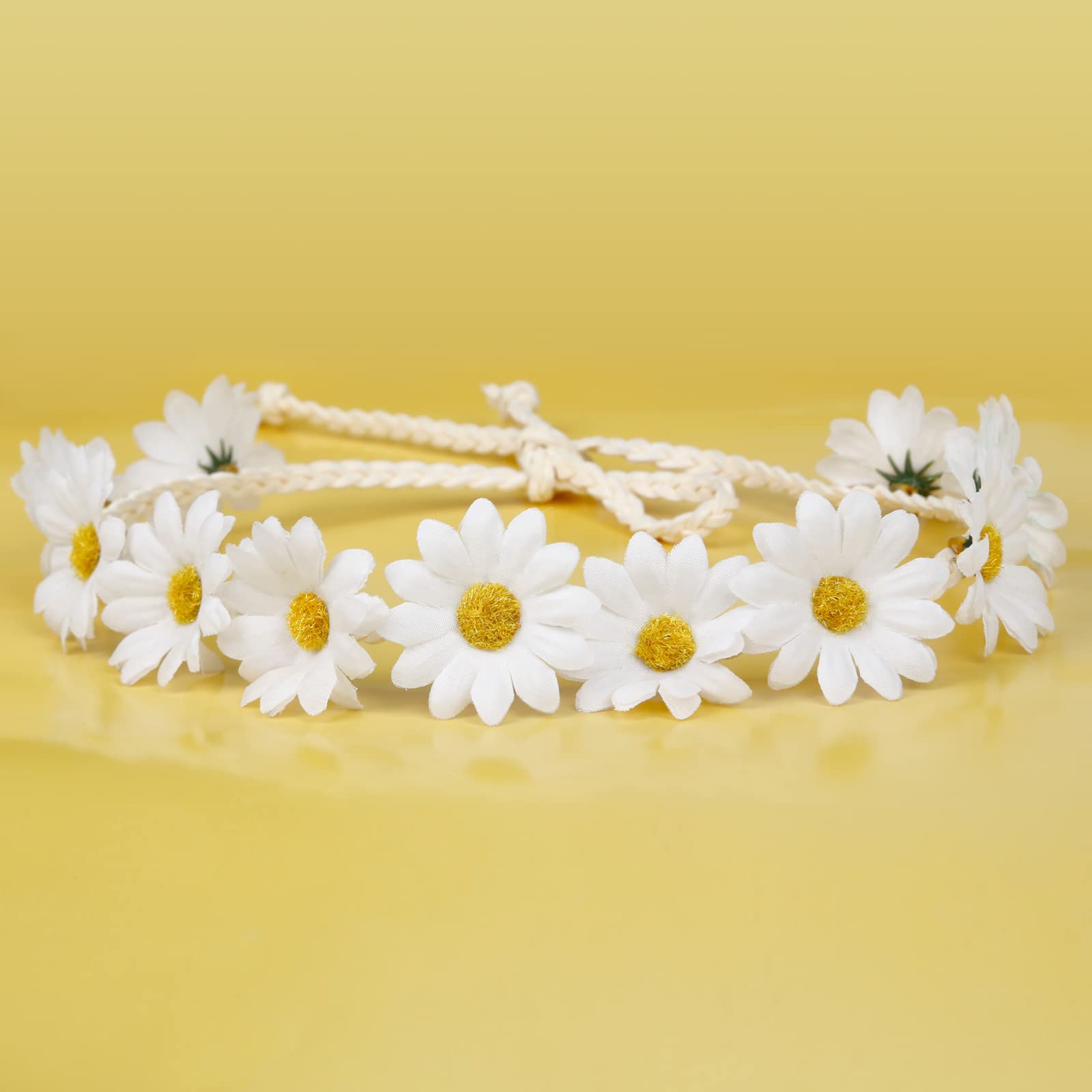 WOVOWOVO 2 Packs Daisy Flower Crown Headbands For Women Baby Girl, Sunflower Hippie Hair Accessories Fall Floral Crowns Hair Bands Handmade Bridal Headpiece Photo Props Party Vacation (White)