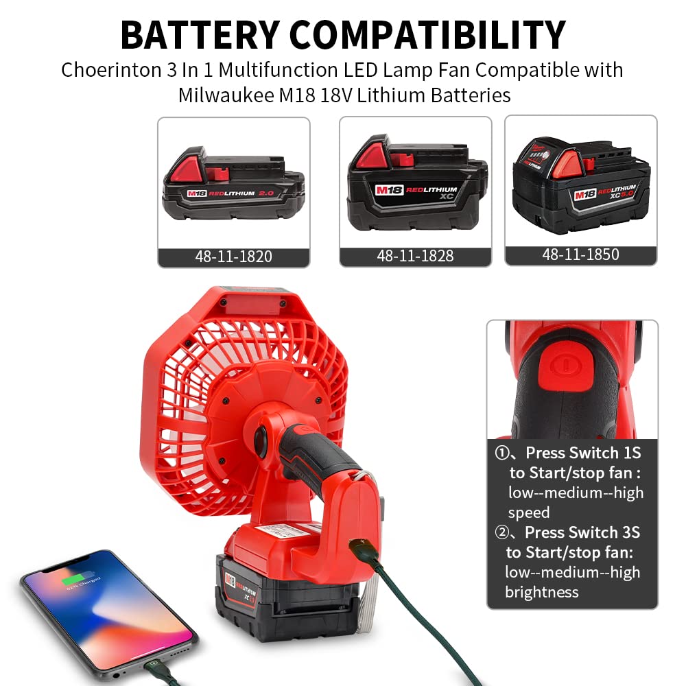 Choerinton Cordless Camping Fan for Milwaukee M18 18V Lithium Battery, Portable Tent Fan with 180LM Lantern,USB Port,3 Speed 3 Brightness Brushless Motor Personal Desk Fan for Car Repair,Picnic