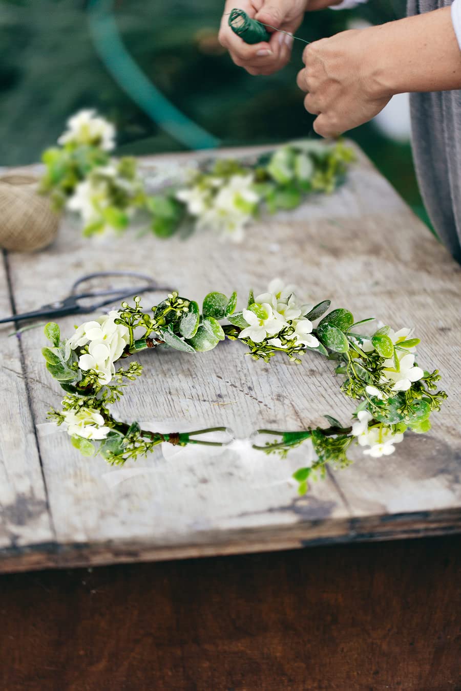 WOVOWOVO Green Leaf Crowns For Girls Women, Bridal Flower Crown Bride Hair Accessories Bohemian Floral Crown Eucalyptus Headband With Ribbon For Wedding Birthday Vacation Party Festival Photo Prop