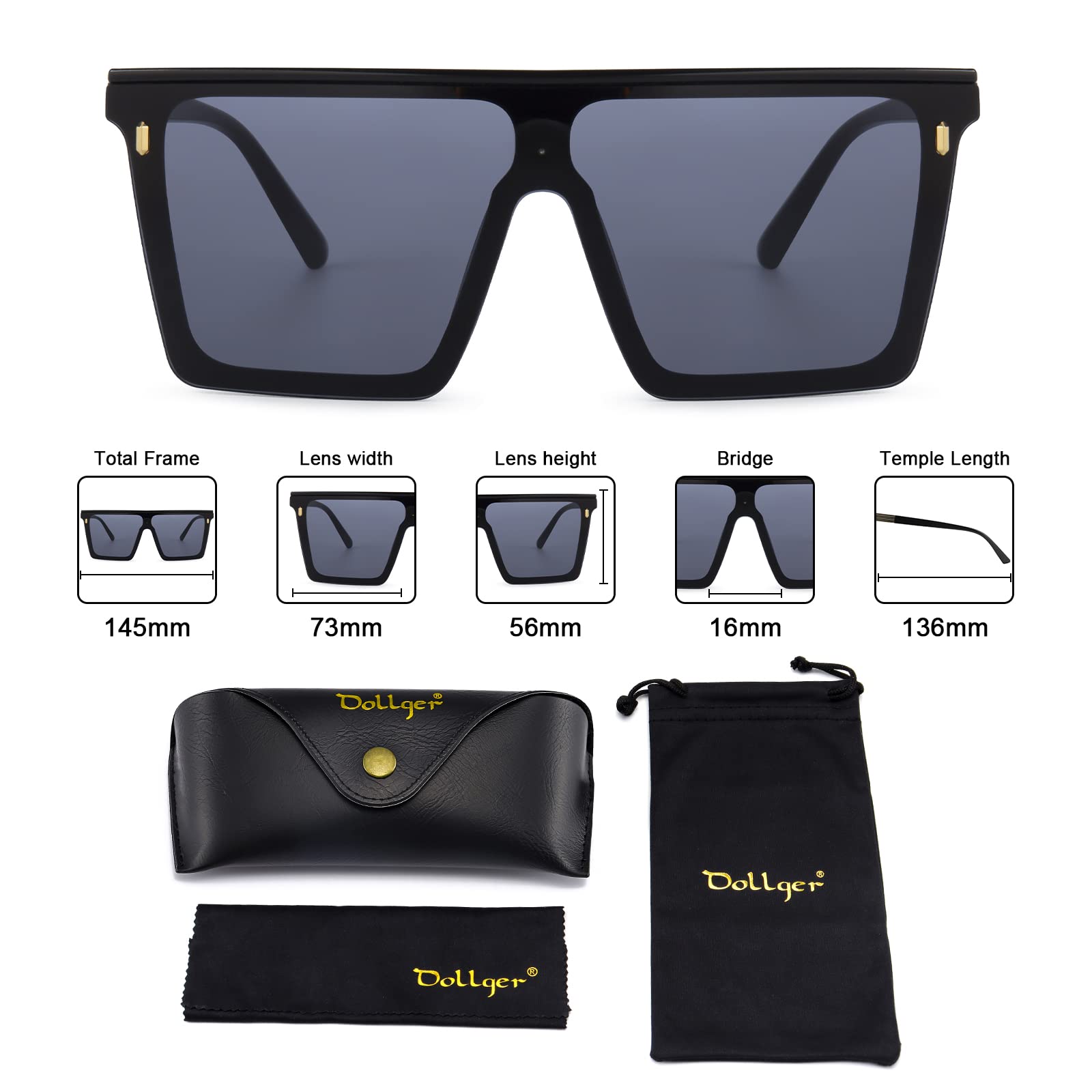 Dollger Square Oversized Sunglasses for Women Men Trendy Flat Top Big Black Shades UV400 Sunnies