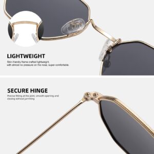 Fozono Small Octagonal Polarized Sunglasses for Women Men Classic Retro Trendy Metal Frame Polygon Sun Glasses (Gold/Grey)