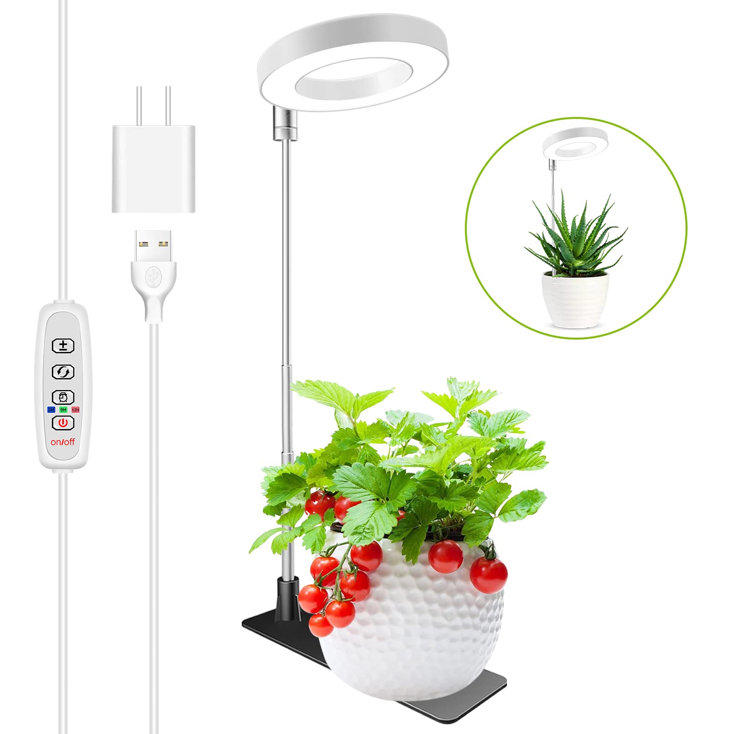 Kullsinss Grow Lights for Indoor Plants, Full Spectrum Halo Growing lamp with Detachable Base, Height Adjustable, 3 Colors, 10 Dimming, Automatic Timer, Plant Light for Succulents Small Plants