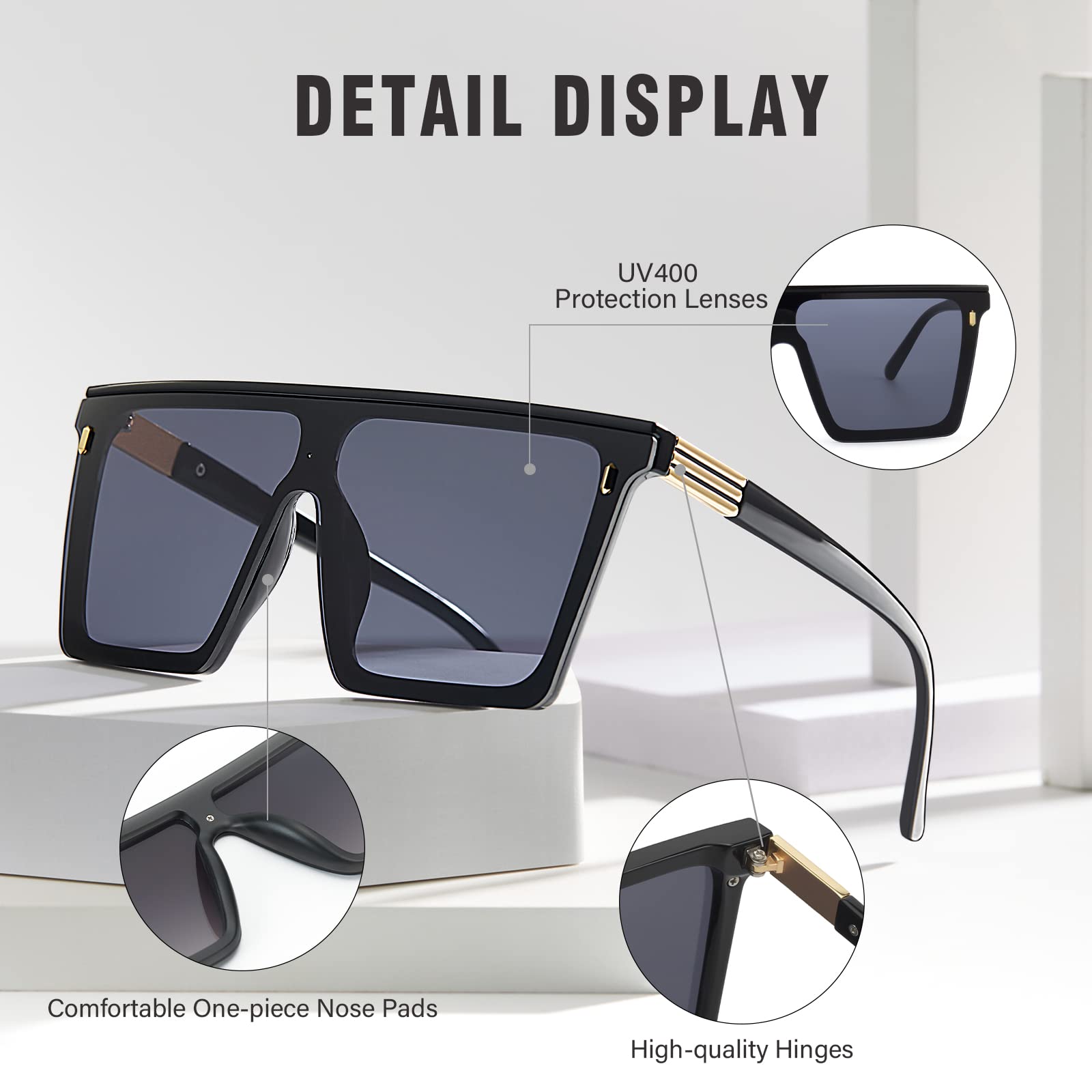 Dollger Square Oversized Sunglasses for Women Men Trendy Flat Top Big Black Shades UV400 Sunnies