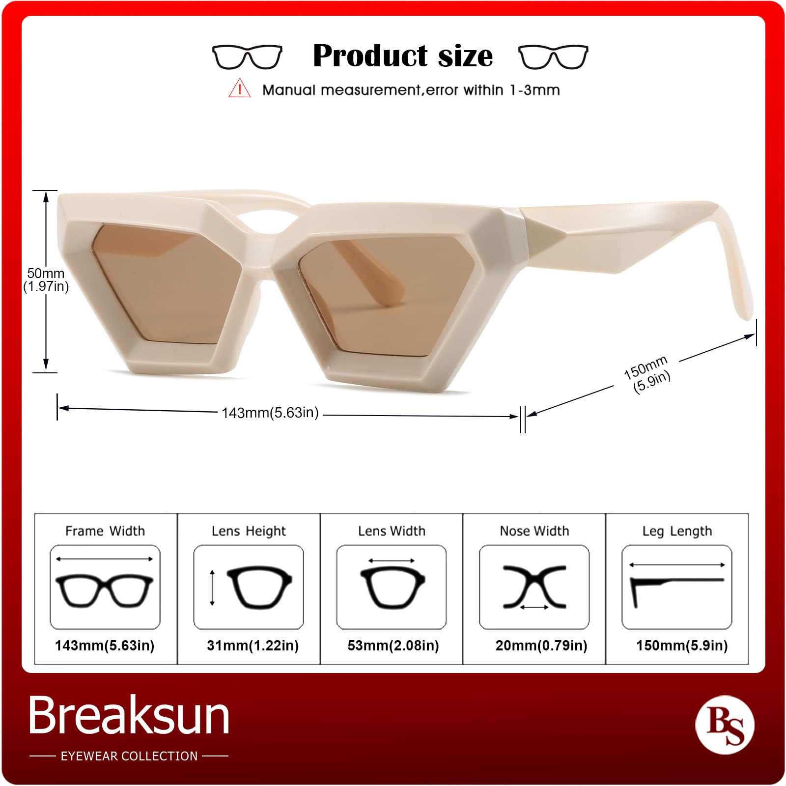 Breaksun Thick Frame Cat Eye Sunglasses for Women Vintage Trendy Cateye Sun Glasses Retro Style Shades (Amber+Beige)