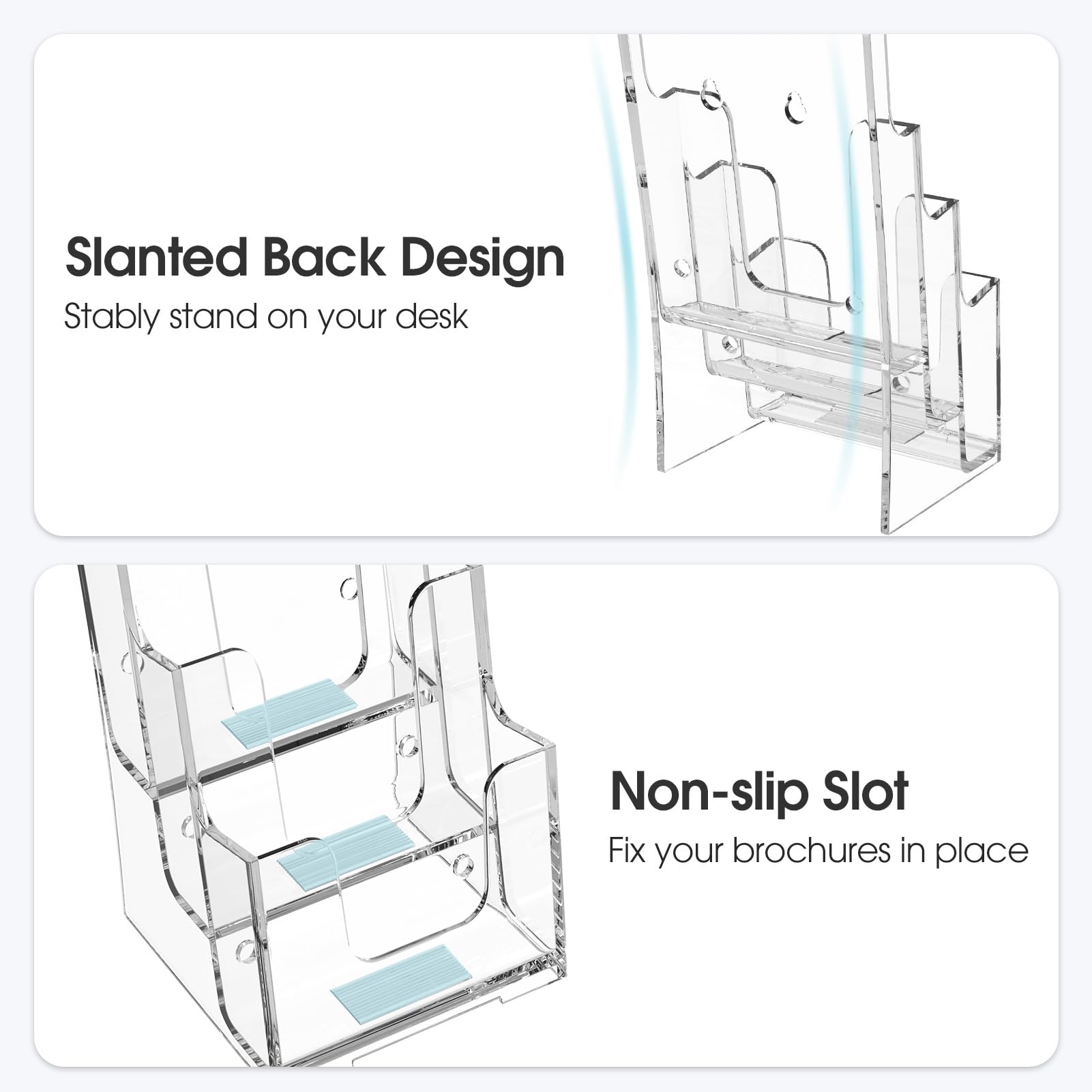 MaxGear Acrylic Brochure Holder, 4-Inch Wide 3 Tier Brochure Display Stand Clear Literature Holder Premium Acrylic Pamphlet Holder Multi Pocket, Wall Mount or Counter Top Use(2 Pack)