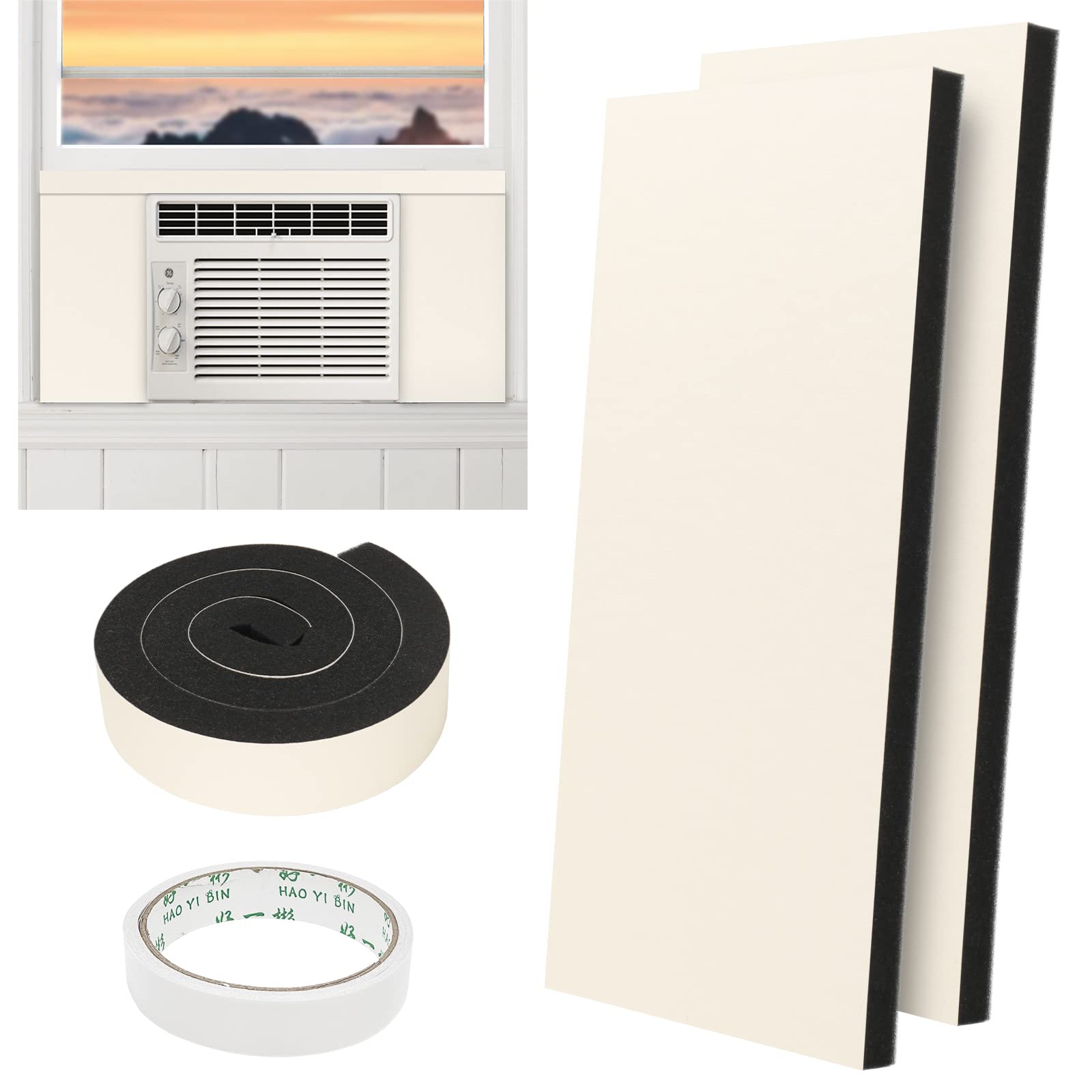 BEWAVE Window Air Conditioner Insulation Foam Panels, AC Side Surround Panels Kit with Top Seal Strip for AC Unit Indoor 2 Pack