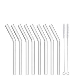 alink short bent glass straws, 6 in x 10 mm reusable clear glass curved cocktail straws for whiskey, coffee, soda, water, pack of 8 with brush