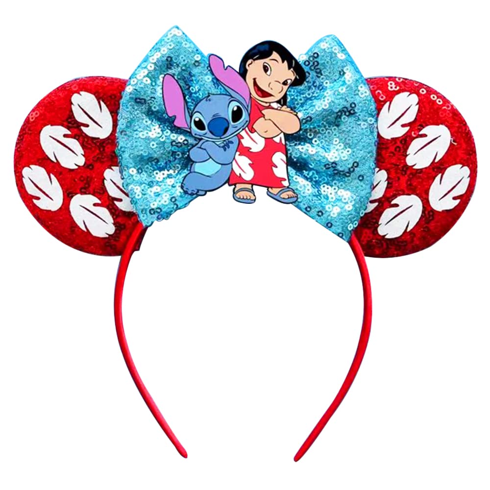 Viwind Mouse Ear Headbands for Women Lilo & Stitch Giltter Bow Headband for Girls and Adult Birthday Party Decorations