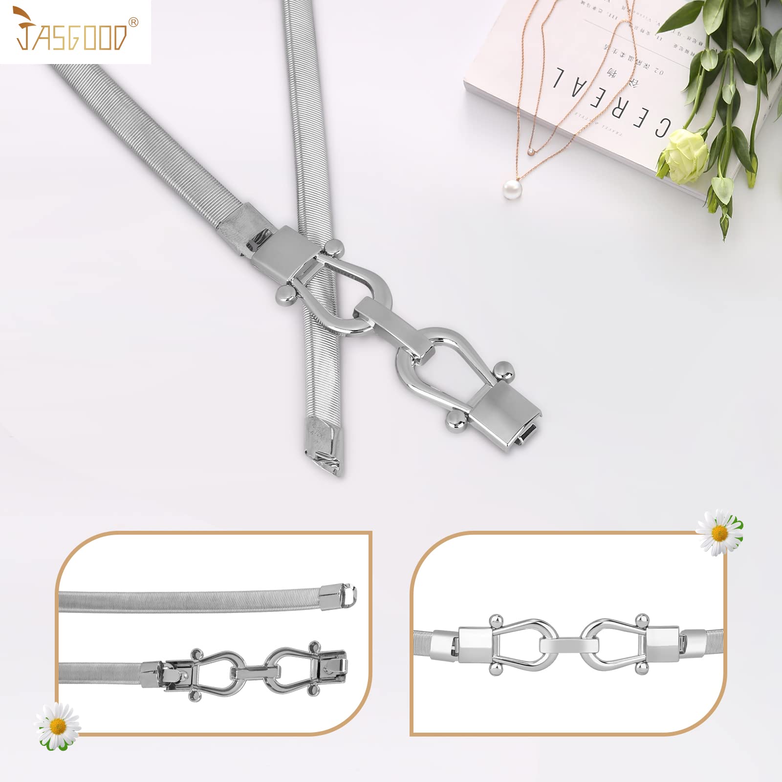 JASGOOD Skinny Metal Waist Belt for Dress Fashion Silver Waistband Elastic Metal Chain Belt, B-Silver