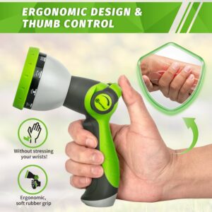 AUTOMAN Garden Hose Nozzle Sprayer - 10 Spray Patterns, Thumb Control On Off Valve, Durable Water Nozzle, Extra 4 Washers, for Watering Garden, Cleaning, Washing Car, Showering Pets Lawngreen