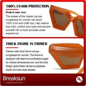 Breaksun Thick Frame Cat Eye Sunglasses for Women Vintage Trendy Cateye Sun Glasses Retro Style Shades (Amber+Beige)