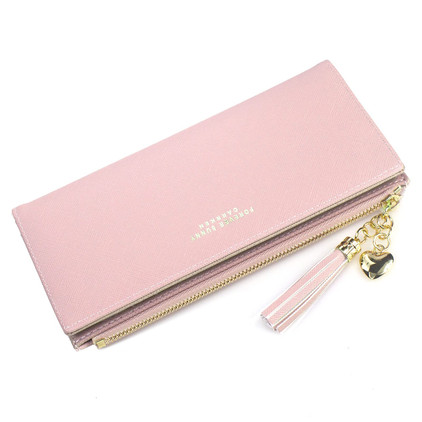 SUMGOGO Wallets for Women Slim Clutch Purse Handbag Card Holder Womens Long Tassel Zipper Pocket Fashion Taiga Leather Billfold Wallet (Pink)