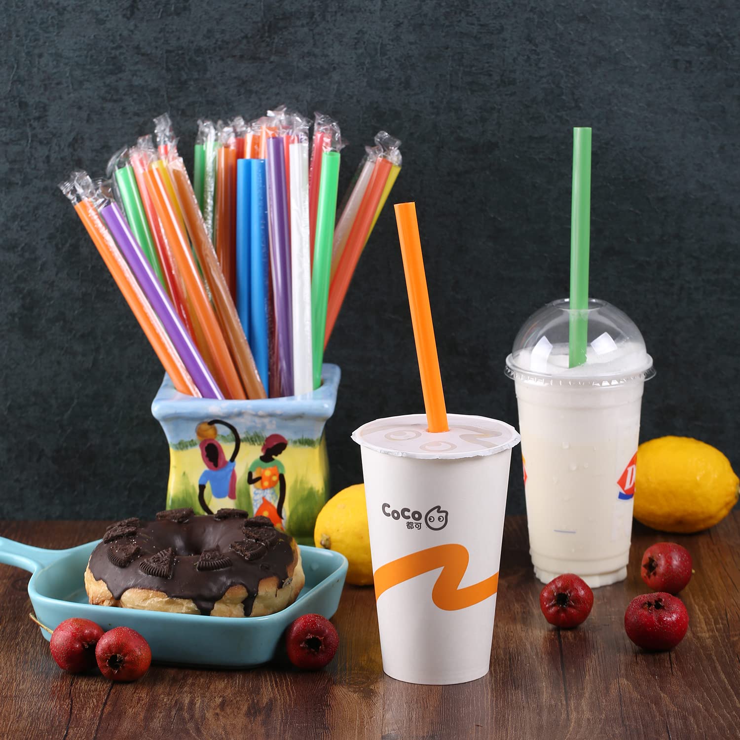 [Individually Wrapped] 100 Pcs Disposable Jumbo Smoothie Straws, Wide-mouthed Multi Colors Milkshakes Plastic Drinking Straws, (8.27" Long and 0.43" Diameter) BPA FREE