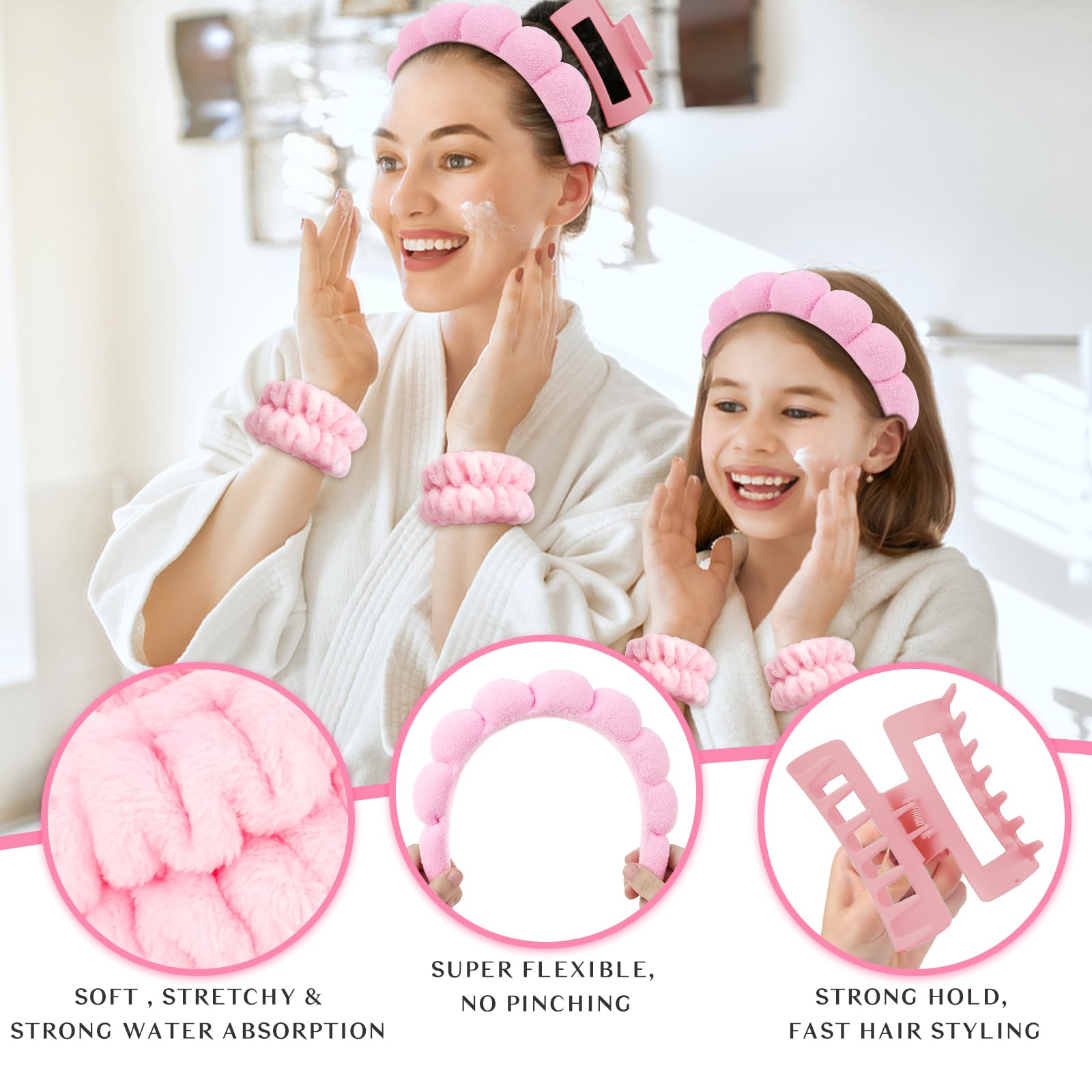 Wecoe Spa Headband Set - Skincare Headband, Hair Clips, Pink Puffy Makeup Headband, Scrunchies, and Wrist Towels For Women and Girls