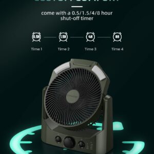 D-cell Battery Operated Camping Fan,8.5 Inch, Quiet USB Desk Fan with 4 Levels LED Lantern, SOS Light, Portable Outdoor Table Fans with Timer, 180°Rotation,Stepless Control, Handle, for Hurricane