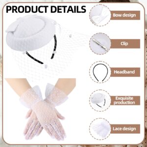 Geyoga 3 Pcs Fascinators Tea Party Hat Set Funeral Veil Hat Lace Gloves and Pearl Necklace Cocktail for 20s 50s Accessories(White)