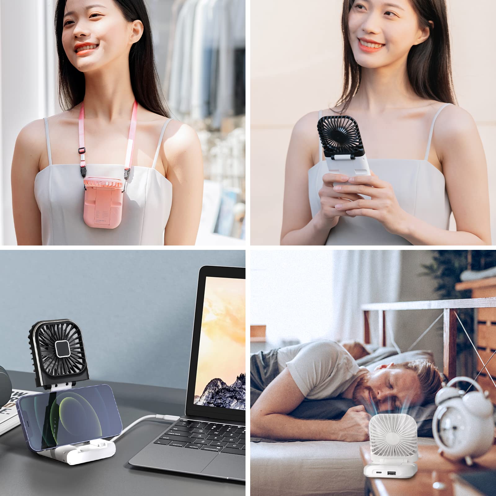 Mini Fan Portable Handheld Fan Rechargeable Small Battery Operated Personal Fan all in 1 as Power Bank, Phone Holder, Hand Held Fan, Mini Desk Fan, Travel Fan, USB Fan, 3000 mAh, 4 Speed, Neck lanyard