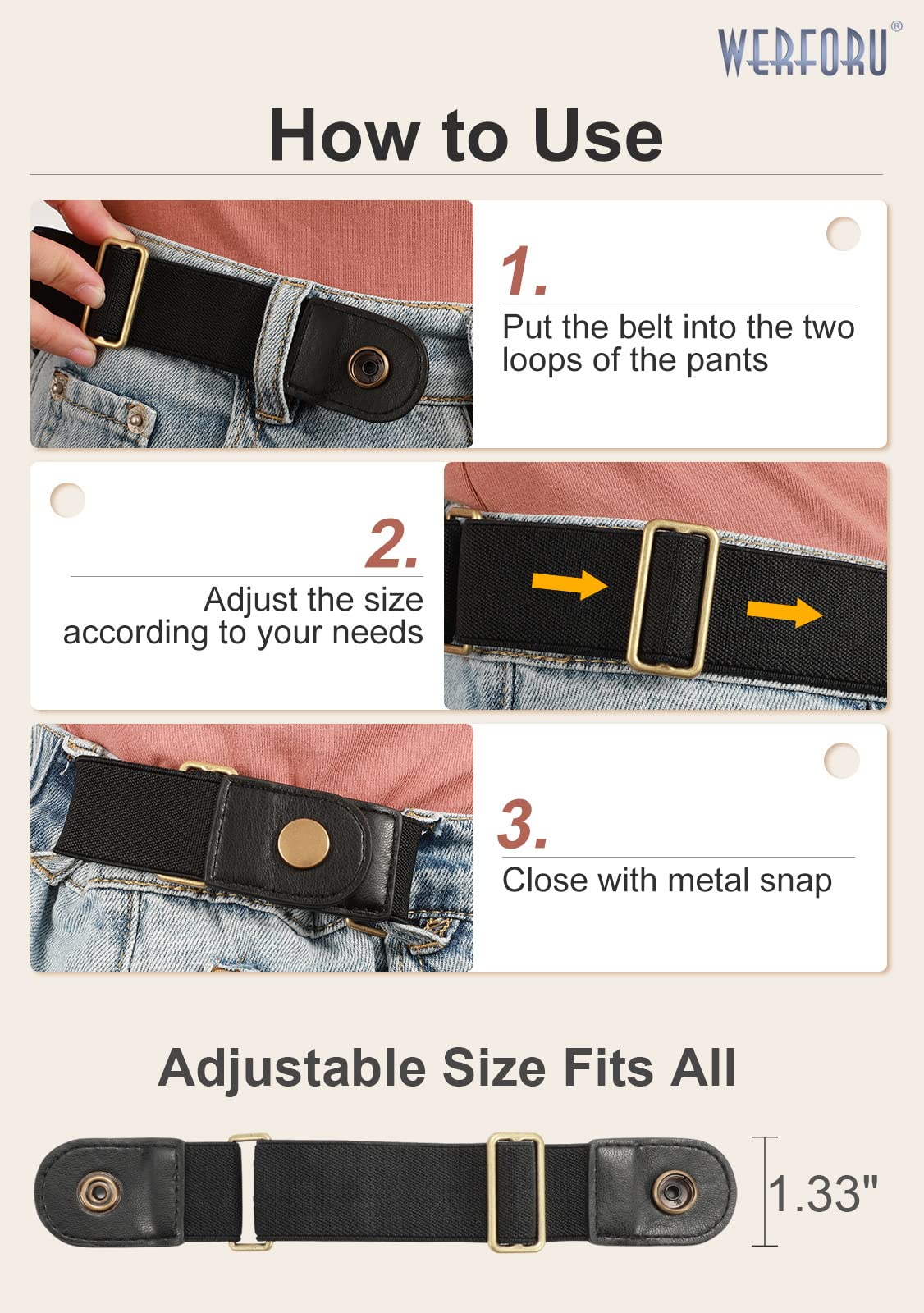 WERFORU No Buckle Elastic Stretch Belt for Women Men 2 Loop Buckle Free Invisible Belt for Jeans Pants 2 Pack,Fit 2 loop distance 7"-14"