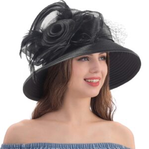 women church tea party hat kentucky derby wedding cloche bowler dress hats with feathers(black)