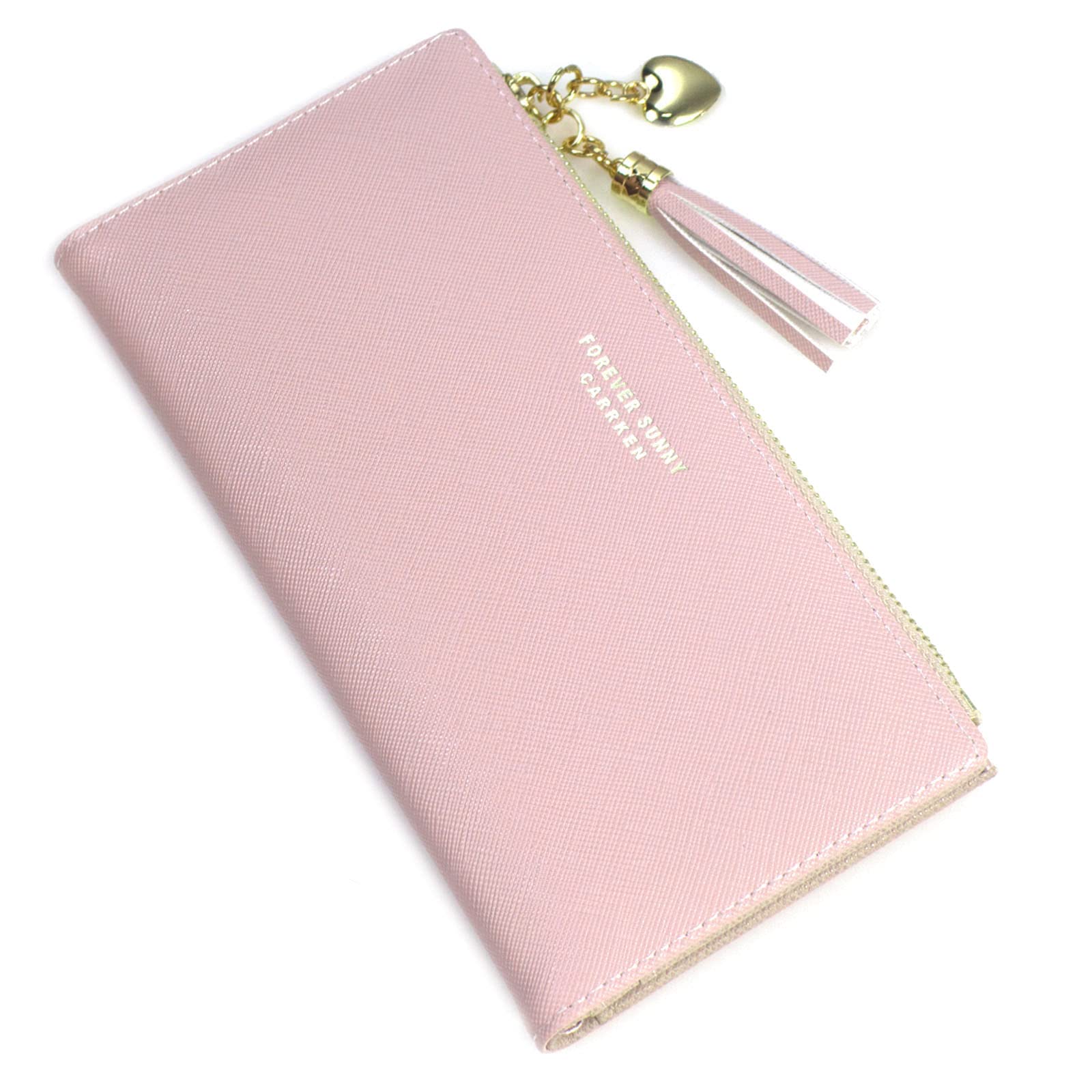 SUMGOGO Wallets for Women Slim Clutch Purse Handbag Card Holder Womens Long Tassel Zipper Pocket Fashion Taiga Leather Billfold Wallet (Pink)