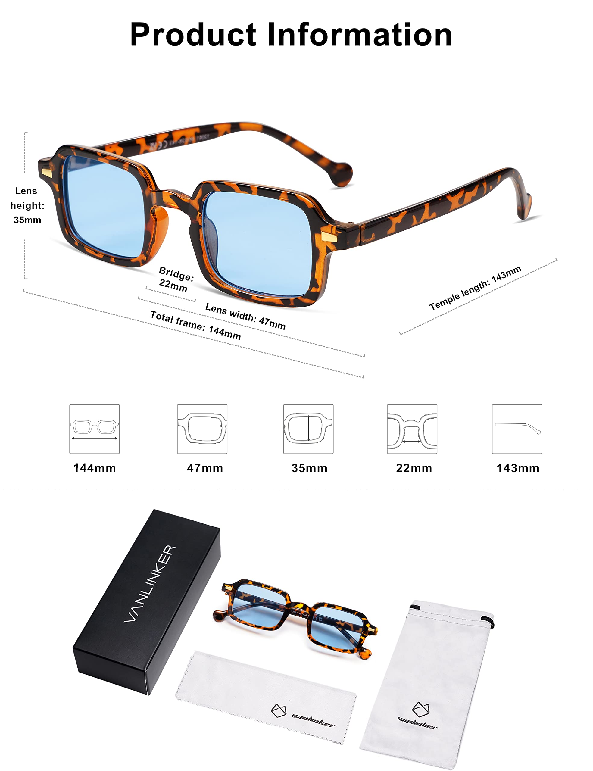 VANLINKER Retro Rectangle 90s Sunglasses for Women Men Trendy Small Square Vintage Shades VL9749 Tortoise/Blue Tinted Lens