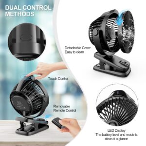 Small Clip on Fan with Remote Control | 8000mAh Battery | 5 Speeds | 5" Portable Rechargeable Mini Desk/Table Fan for Baby Stroller, Outdoor Camping, Tent, Desktop, Bedroom, Living Room, Office, Dorm