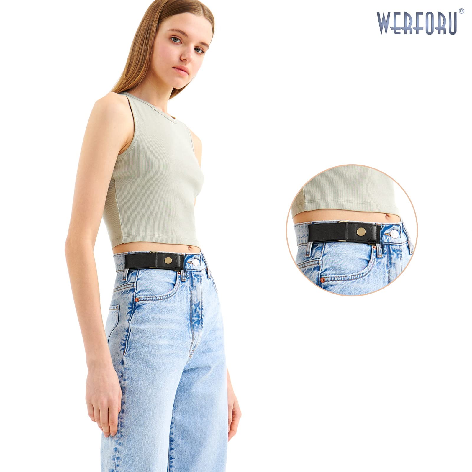 WERFORU No Buckle Elastic Stretch Belt for Women Men 2 Loop Buckle Free Invisible Belt for Jeans Pants 2 Pack,Fit 2 loop distance 7"-14"