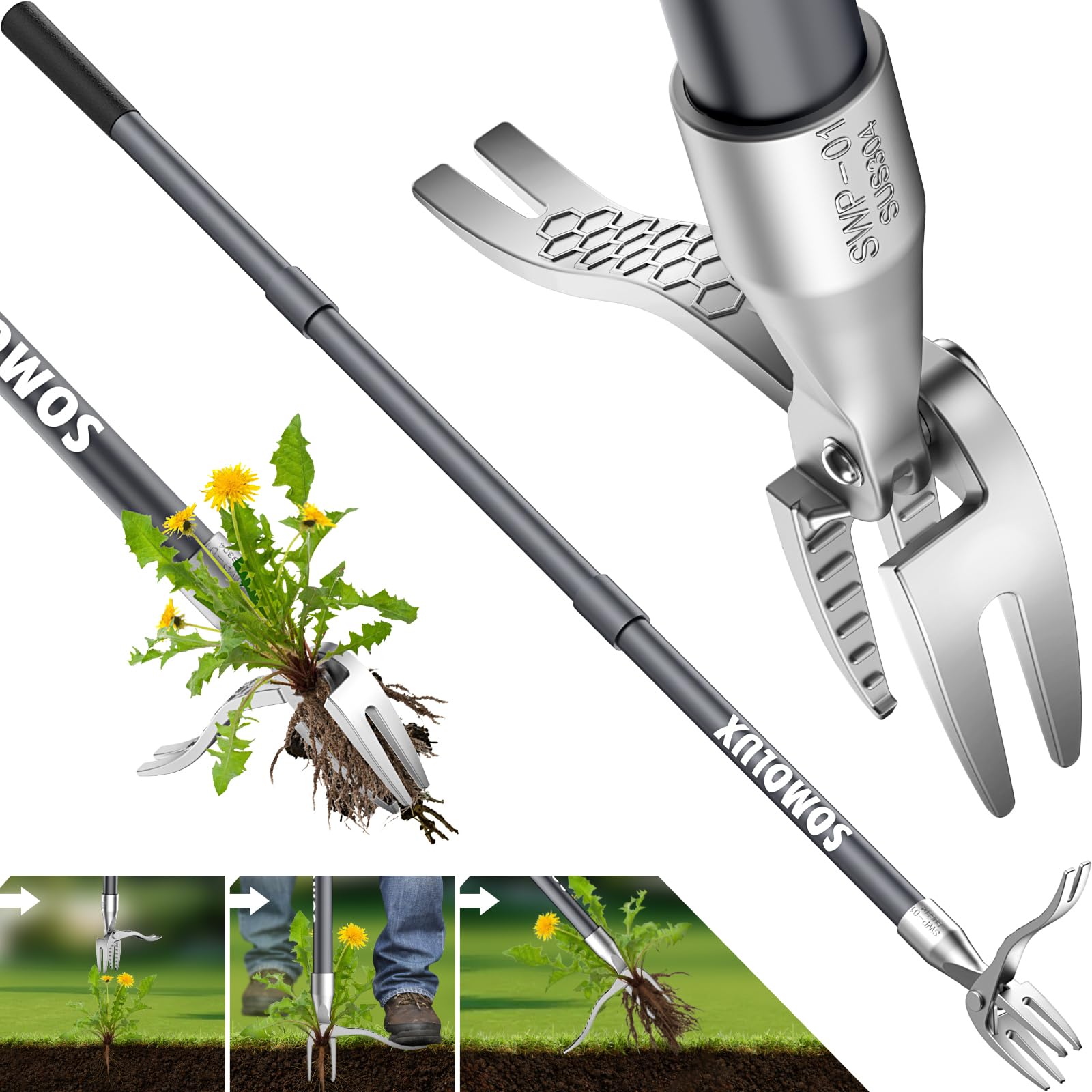 SOMOLUX 52'' Weed Puller Stand-up Weeder Weeding Tool for Gardening Heavy-Duty Stainless Steel Claw with Long Metal Handle Weed Remove Tool for Lawn/Yard and Garden Without Bending or Kneeling