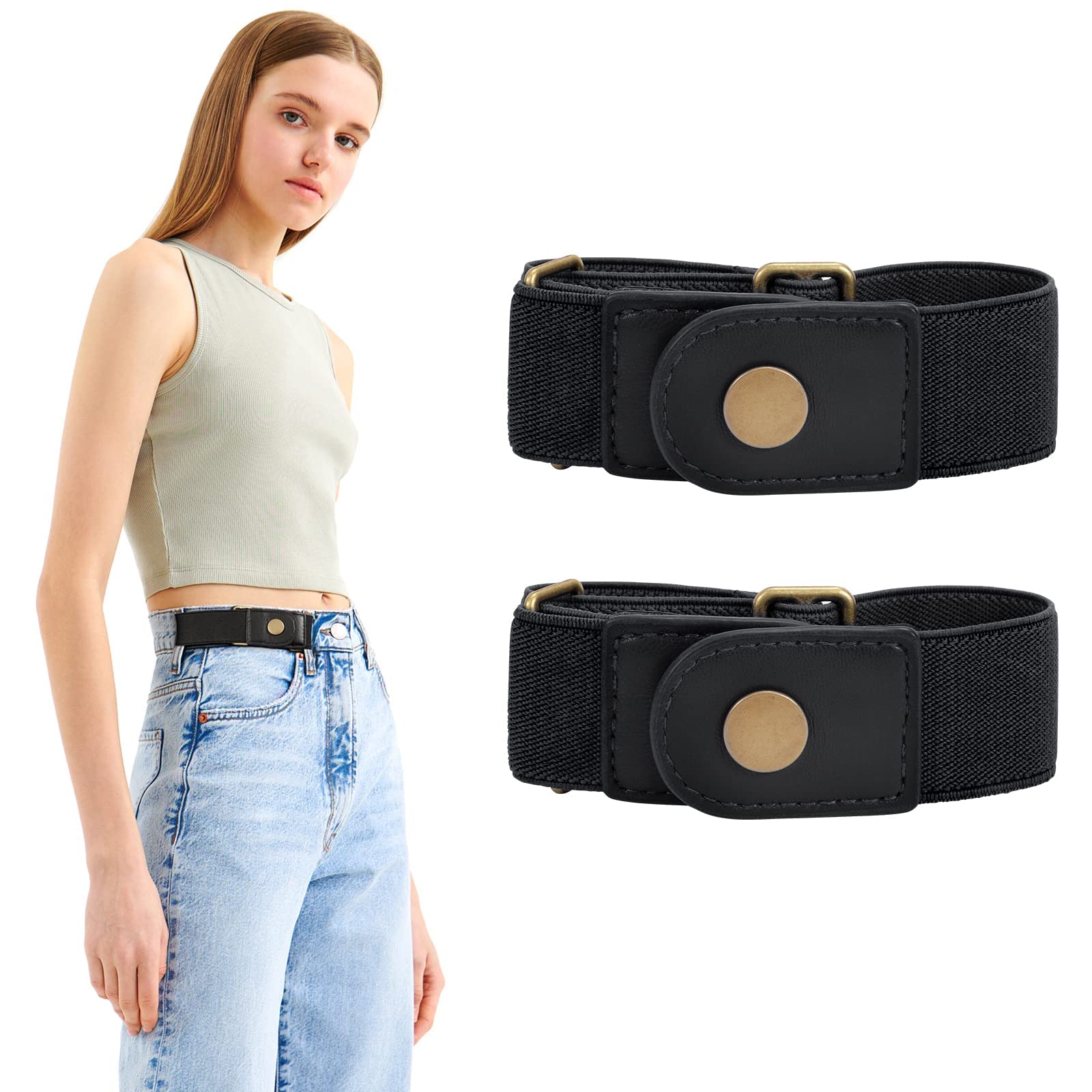 WERFORU No Buckle Elastic Stretch Belt for Women Men 2 Loop Buckle Free Invisible Belt for Jeans Pants 2 Pack,Fit 2 loop distance 7"-14"