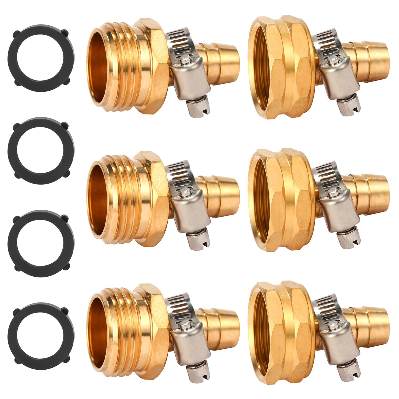 Sanpaint,Brass Garden Hose Connector Repair Mender Kit with Stainless Clamp,Fits 1/2" Water Hose Fitting,3 Sets(1/2" Barb x 3/4" GHT)