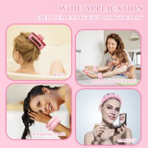 Wecoe Spa Headband Set - Skincare Headband, Hair Clips, Pink Puffy Makeup Headband, Scrunchies, and Wrist Towels For Women and Girls