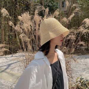 Women's Straw Sun Hat Hand-Woven Packable Beach Bucket Hat Summer Floppy UV Protection Hat(Beige)