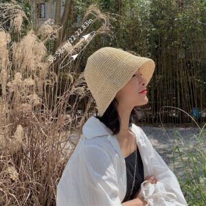 Women's Straw Sun Hat Hand-Woven Packable Beach Bucket Hat Summer Floppy UV Protection Hat(Beige)