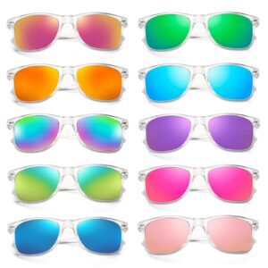 sunovelties 10 pack colored sunglasses clear frame mirrored lens bulk party glasses classic eyewear birthday beach pool unisex adults