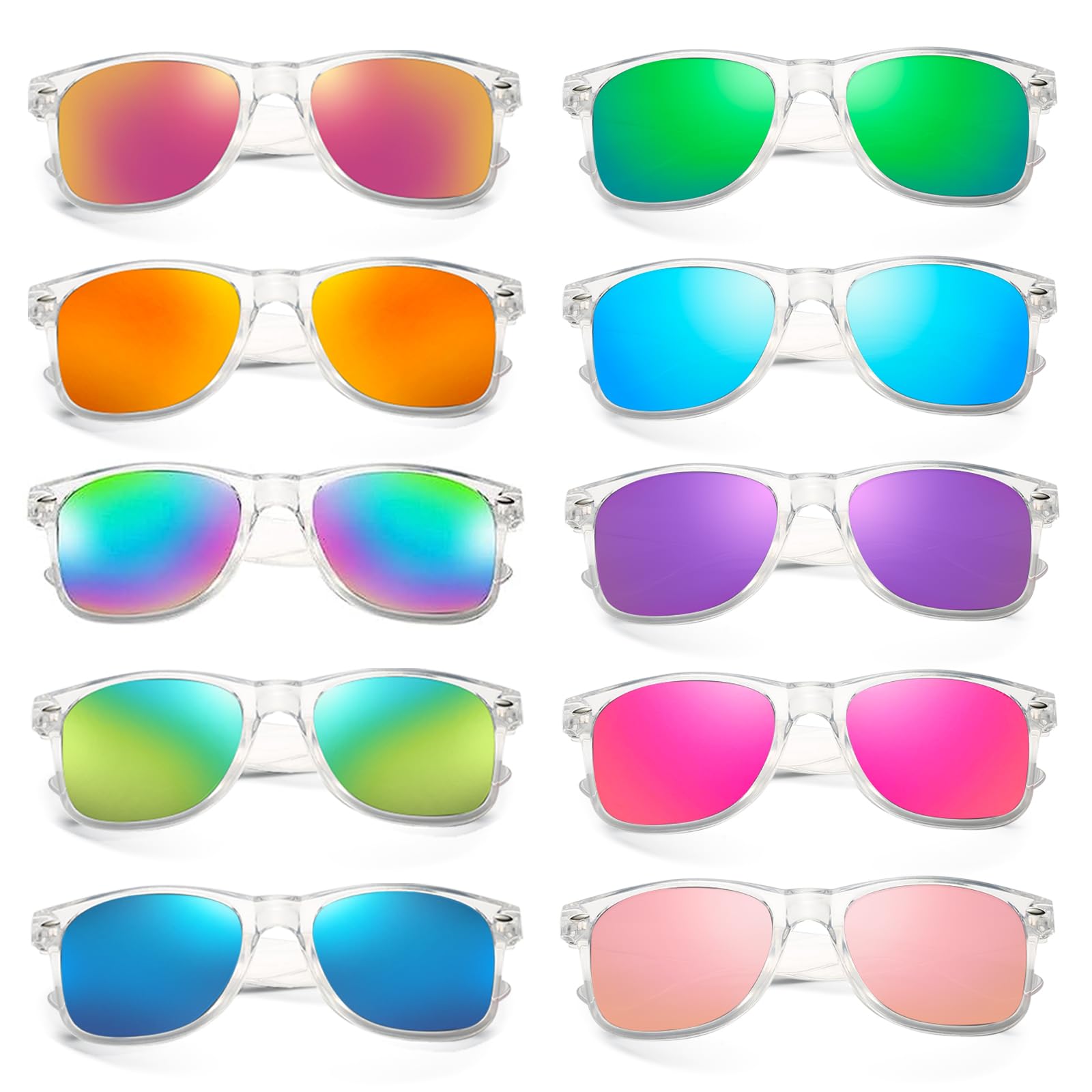 SUNOVELTIES 10 Pack Colored Sunglasses Clear Frame Mirrored Lens Bulk Party Glasses Classic Eyewear Birthday Beach Pool Unisex Adults