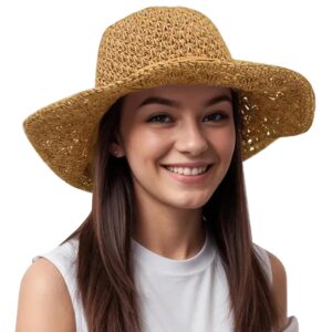 Lanzom Womens Ladies Straw Hat Wide Brim Beach Sun Cap Foldable Large Floppy Braided Sun Hat for Travel (Khaki)