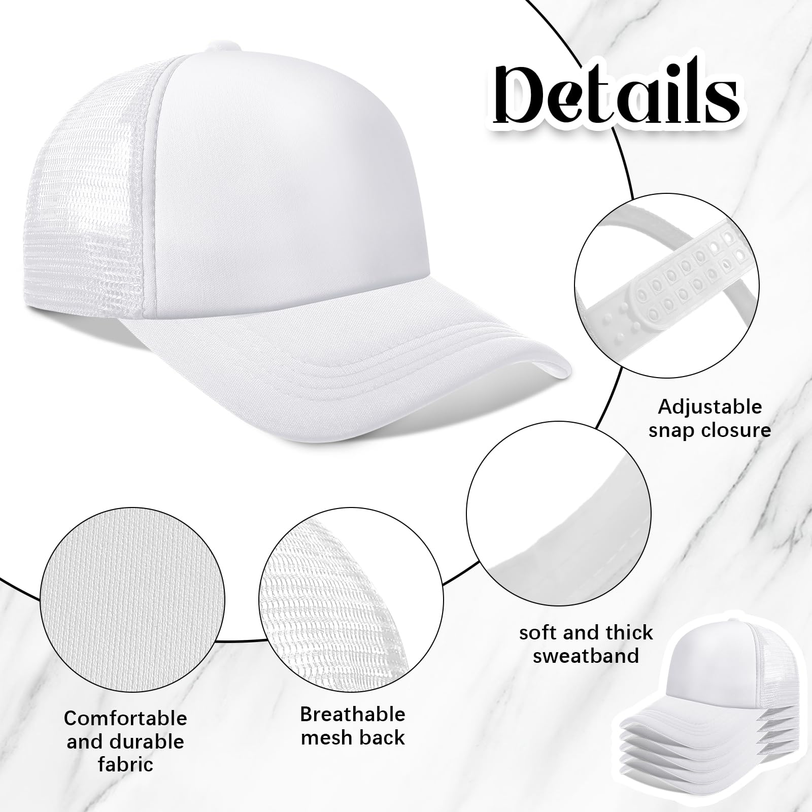 Vabean 24 Pack Sublimation Blank Cap Trucker Mesh Cap Unisex Plain Blank Baseball Hat for DIY Embroidery Sublimation Printing (White)